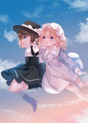 Rule 34 | 2girls, :d, :o, black dress, blonde hair, blue eyes, blurry, blush, breasts, brown hair, cacao (cacaomgmg), cloud, cloudy sky, day, depth of field, dress, fedora, feet out of frame, floating, full body, hat, highres, maribel hearn, mob cap, multiple girls, open mouth, outdoors, profile, purple dress, purple eyes, sky, small breasts, smile, touhou, usami renko