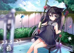 Rule 34 | 1girl, animal, animal ears, black dress, black gloves, black hair, blue sky, blurry, blurry foreground, blush, bow, brown eyes, bug, bush, butterfly, cat ears, cat girl, cat tail, cloud, commentary request, dated, day, depth of field, dress, feet out of frame, fence, flower, frilled dress, frills, gloves, hair between eyes, hands up, hoshizora tetsudou to shiro no tabi, insect, long hair, noir (hoshishiro), outdoors, pink bow, pleated dress, red flower, red rose, rose, sitting, sky, sleeveless, sleeveless dress, solo, swing, tail, very long hair, water, zhao (pixiv12947327)