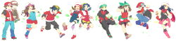 Rule 34 | 00s, 1990s (style), 4boys, 5girls, alternate costume, baseball cap, blue hair, boots, brendan (pokemon), brendan (pokemon emerald), brown hair, creatures (company), dawn (pokemon), dual persona, ethan (pokemon), fingerless gloves, game freak, gloves, hat, highres, holding, holding poke ball, jumping, kokemomo sayakusa, kris (pokemon), leaf (pokemon), long image, lucas (pokemon), lyra (pokemon), may (pokemon), may (pokemon emerald), multiple boys, multiple girls, nintendo, pink footwear, poke ball, pokemon, pokemon dppt, pokemon frlg, pokemon gsc, pokemon hgss, pokemon rgby, pokemon rse, red (pokemon), red (pokemon frlg), retro artstyle, scarf, socks, thighhighs, wide image