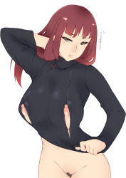 Rule 34 | 1girl, arm up, bottomless, breasts, cowboy shot, female pubic hair, grey eyes, highres, huge breasts, lao-shan lung, lips, long hair, monster hunter (series), nippleless clothes, nipples, nursing sweater, original, personification, pubic hair, red eyes, simple background, solo, sweater, translated, turtleneck, white background, yui.h
