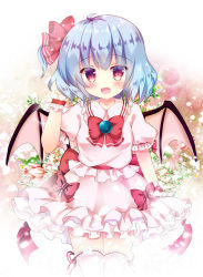 Rule 34 | 1girl, :d, ahoge, arm up, bat wings, blue hair, blush, bow, collared shirt, commentary request, fang, flower, frilled shirt collar, frilled skirt, frilled thighhighs, frills, hair between eyes, hair bow, hand in own hair, looking at viewer, one side up, open mouth, pink shirt, pink skirt, pink thighhighs, pink wings, puffy short sleeves, puffy sleeves, red bow, red eyes, red ribbon, remilia scarlet, ribbon, rikatan, shirt, short sleeves, skirt, smile, solo, thighhighs, touhou, white flower, wings, wrist cuffs