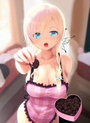Rule 34 | 10s, 1girl, apron, backlighting, blonde hair, blue eyes, blurry, boku wa tomodachi ga sukunai, box, braid, breasts, butterfly hair ornament, cait aron, candy, chocolate, chocolate heart, cleavage, collarbone, feeding, food, hair ornament, heart, heart-shaped box, highres, incoming food, indoors, kashiwazaki sena, large breasts, long hair, looking at viewer, nail polish, naked apron, open mouth, plaid, pov feeding, single braid, solo, standing, teeth