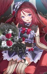 Rule 34 | 1girl, :d, absurdres, black thighhighs, blush, bouquet, chair, commentary request, flower, highres, looking at viewer, love live!, love live! school idol project, medium hair, nishikino maki, open mouth, purple eyes, purple headwear, purple skirt, red hair, rose, sitting, skirt, smile, solo, thighhighs, thighs, twitter username, yana mori