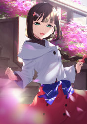 Rule 34 | 1girl, :d, alternate costume, blue bow, blunt bangs, blush, bow, braid, brown hair, bush, commentary request, cowboy shot, day, floating hair, green eyes, hair ornament, half-closed eyes, hands up, heart, heart hair ornament, highres, jacket, kurosawa dia, long hair, long sleeves, looking at viewer, love live!, love live! school idol festival, love live! sunshine!!, motion blur, open mouth, outdoors, petals, pink skirt, single braid, skirt, smile, solo, spring (season), stairs, sunlight, w arms, white jacket, wind, yamaori (yamaorimon)