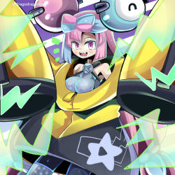 Rule 34 | bow-shaped hair, character hair ornament, creatures (company), dragodragodran, game freak, grey pantyhose, hair ornament, hexagon print, highres, hood, hoodie, impossible clothes, iono (pokemon), jacket, long hair, low-tied long hair, nintendo, oversized clothes, pantyhose, pokemon, pokemon sv, sharp teeth, single leg pantyhose, sleeves past fingers, sleeves past wrists, teeth, very long sleeves, x, yellow jacket