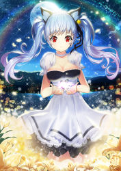 Rule 34 | 1girl, absurdres, animal ears, bad id, bad pixiv id, bell, black ribbon, blue hair, breasts, cat ears, cleavage, collarbone, dress, flower, hair bell, hair ornament, hair ribbon, highres, jewelry, large breasts, lens flare, long hair, looking at viewer, necklace, original, outdoors, rainbow, red eyes, ribbon, signature, sky, sleeveless, sleeveless dress, smile, solo, standing, star (sky), starry sky, ttaji (pass35), twintails, yellow flower