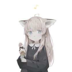 Rule 34 | 1girl, absurdres, ahoge, alternate costume, alternate hair length, alternate hairstyle, arknights, black dress, blue eyes, brown hair, commentary, dress, eighth note, extra ears, food, highres, holding, holding food, ice cream cone, long hair, long sleeves, looking at viewer, musical note, open mouth, simple background, solo, sussurro (arknights), symbol-only commentary, tou toutou, upper body, white background, wide sleeves