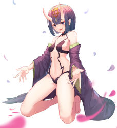 Rule 34 | 1girl, bare shoulders, blunt bangs, bob cut, breasts, detached sleeves, fate/grand order, fate (series), highres, horns, kneeling, medium breasts, navel, oni, open mouth, petals, purple hair, short hair, shuten douji (fate), shuten douji (first ascension) (fate), simple background, skin-covered horns, smile, solo, sugar (dndi888), white background, wide sleeves