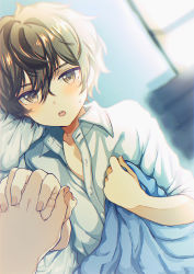 Rule 34 | 1boy, absurdres, blanket, blush, brown eyes, brown hair, collared shirt, highres, holding hands, looking at viewer, lying, male focus, mole, mole under eye, on side, open mouth, original, pajamas, parted lips, shirt, short hair, solo, sweatdrop, white shirt, yuxi