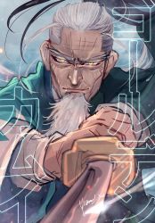 Rule 34 | 1boy, artist name, beard, facial hair, fighting stance, golden kamuy, highres, hijikata toshizou (golden kamuy), holding, holding sword, holding weapon, long hair, looking at viewer, male focus, old, old man, outdoors, ponytail, solo, sword, upper body, weapon, white hair, wrinkled skin, yellow eyes, yumi (soak1111)