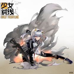 Rule 34 | 1girl, ak-200, ak-200 (girls&#039; frontline) (shangguan le hei), ammunition belt, ammunition pouch, animal ears, arm behind back, assault rifle, black footwear, black gloves, black hairband, black jacket, black thighhighs, body armor, boots, breasts, cat ears, character name, chinese commentary, closed mouth, concept art, concert, fingerless gloves, full body, girls&#039; frontline, gloves, grey hair, griffin &amp; kryuger, gun, hair ornament, hairband, hairclip, hand on floor, highres, holding, holding gun, holding weapon, jacket, kalashnikov rifle, long hair, long sleeves, looking away, on one knee, original, pouch, red eyes, rifle, shangguan le hei, simple background, smoke, solo, tactical clothes, thighhighs, torn clothes, torn thighhighs, weapon