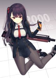 Rule 34 | black gloves, blouse, boots, braid, bullpup, character name, collared shirt, copyright name, girls&#039; frontline, gloves, gun, hair ribbon, high heel boots, high heels, long hair, necktie, one side up, pantyhose, purple hair, red eyes, red necktie, ribbon, rifle, shirt, silltare, sitting, sniper rifle, solo, thighband pantyhose, v-shaped eyebrows, very long hair, wa2000 (girls&#039; frontline), weapon, white shirt