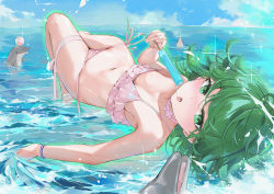 Rule 34 | 1girl, animal, aura, ball, beachball, bikini, bird, blue sky, blush, bracelet, breasts, choker, cleavage, cloud, commentary, curly hair, day, dema hmw, dolphin, food, frilled bikini, frills, green eyes, green hair, highres, holding, holding food, jewelry, looking at viewer, lying, navel, nose blush, ocean, on back, one-punch man, open mouth, outdoors, pink bikini, pink choker, popsicle, sandals, short hair, side-tie bikini bottom, sky, small breasts, solo, stomach, swimsuit, tatsumaki, thigh strap, thighs, tongue, tongue out, water, wristband