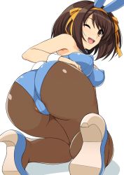 Rule 34 | 1girl, animal ears, ass, bare shoulders, blush, breasts, brown eyes, brown hair, cameltoe, come hither, fake animal ears, from behind, from below, hair ribbon, hairband, haruhisky, high heels, highres, huge ass, kneeling, large breasts, leotard, looking at viewer, one eye closed, open mouth, pantyhose, playboy bunny, rabbit ears, rabbit tail, ribbon, shiny clothes, shiny skin, short hair, sideboob, smile, solo, suzumiya haruhi, suzumiya haruhi no yuuutsu, tail, wink, wrist cuffs