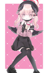 Rule 34 | 1girl, :o, absurdres, bad id, bad pixiv id, beret, black bow, black choker, black footwear, black hat, black sailor collar, black thighhighs, black wings, blue archive, bow, bubble tea, choker, commentary request, cup, disposable cup, drinking straw, feathered wings, frilled sailor collar, frills, hair bow, halo, hand up, hat, head wings, heart, heart background, highres, holding, holding cup, koharu (blue archive), long sleeves, looking at viewer, mask, mask pull, mouth mask, ni kiro, off shoulder, parted lips, pink background, pink eyes, pink hair, pink shirt, sailor collar, shirt, shoes, solo, thighhighs, twintails, two-tone background, white background, wings