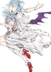 Rule 34 | 1girl, bat wings, blue hair, dress, evil grin, evil smile, fangs, full body, grin, hat, hat ribbon, high heels, highres, kneehighs, layered dress, looking at viewer, mob cap, n9+, outstretched arms, red eyes, remilia scarlet, ribbon, sash, short hair, simple background, smile, socks, solo, touhou, white background, white socks, wings, wrist cuffs