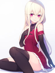 Rule 34 | 1girl, bare shoulders, black gloves, black thighhighs, blonde hair, closed mouth, dress, earrings, eyes visible through hair, flat chest, gloves, highres, jewelry, long hair, nishino eri, original, red dress, red eyes, sitting, smile, solo, thighhighs, thighs, white background