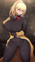 Rule 34 | 1girl, absurdres, blonde hair, blue eyes, blush, bodystocking, bodysuit, breasts, cameltoe, cleft of venus, covered erect nipples, darkness (konosuba), hair ornament, heart, highres, huge breasts, kono subarashii sekai ni shukufuku wo!, large breasts, long hair, looking at viewer, naughty face, open mouth, ponponmaru, ponytail, presenting, skin tight, smile, solo, standing, steam, thighs, x hair ornament