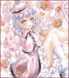 Rule 34 | 1girl, argyle, argyle background, argyle clothes, bad id, bad pixiv id, blue eyes, blue hair, border, colored pencil (medium), doily, frilled skirt, frills, hat, heart, index finger raised, kneehighs, leg lift, long sleeves, looking at viewer, marker (medium), mary janes, matching hair/eyes, merlin prismriver, musical note, open mouth, painting (medium), potto, potto (minntochan), quaver, sample watermark, shoes, short hair, sitting, skirt, skirt set, socks, solo, sun symbol, touhou, traditional media, treble clef, watercolor (medium), watermark, white socks