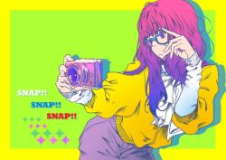 Rule 34 | 1girl, bow, camera, english text, glasses, gradient hair, leaning forward, long hair, multicolored hair, pink hair, simple background, solo, sweater, totou tamio