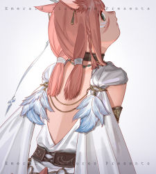 Rule 34 | 1girl, animal ears, backless outfit, black choker, cat ears, choker, earrings, emmmerald, facial mark, feathers, final fantasy, final fantasy xiv, from behind, green eyes, grey background, hair ornament, jewelry, low twintails, miqo&#039;te, parted lips, red hair, robe, sash, short hair, simple background, solo, twintails, upper body, white robe