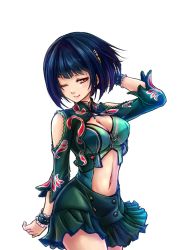 Rule 34 | 1girl, ;), arm behind head, bare shoulders, black hair, blue hair, blush, breasts, brown eyes, cleavage, cleavage cutout, clothing cutout, eltnage, eyebrows, green skirt, hand in own hair, highres, katia grineal, large breasts, looking at viewer, navel, navel cutout, one eye closed, pleated skirt, short hair, shoulder cutout, simple background, skirt, sleeve cuffs, smile, solo, standing, super robot wars, super robot wars judgement, super robot wars og moon dwellers, super robot wars original generation, upper body, white background, yellow eyes, zipper