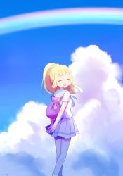 Rule 34 | 1girl, arms behind back, backpack, bad id, bad twitter id, bag, blonde hair, closed eyes, cloud, creatures (company), from behind, game freak, highres, lillie (pokemon), long hair, looking back, mei (maysroom), nintendo, open mouth, pokemon, pokemon sm, rainbow, shirt, short sleeves, skirt, sky, solo, white shirt, white skirt