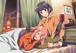Rule 34 | 2girls, bed, bedroom, blue hair, blush, calendar (object), coat, couple, cup, curtains, closed eyes, happy, holding, holding cup, hotaru iori, indoors, kagamihara nadeshiko, lamp, lap pillow, looking at another, medium hair, mug, multiple girls, new year, night, no shoes, open mouth, pants, picture frame, pillow, pink hair, purple eyes, second-party source, shima rin, smile, snow, socks, steam, sweater, under covers, window, winter, winter clothes, yuri, yurucamp