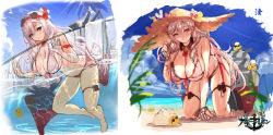 Rule 34 | 1girl, against glass, algerie (azur lane), algerie (white sand paradise) (azur lane), azur lane, bikini, blush, breasts, covered erect nipples, drill hair, drill sidelocks, flower, hair flower, hair ornament, hat, hat flower, highres, in water, kneeling, large breasts, leaning forward, looking at viewer, manjuu (azur lane), mole, mole under eye, multi-strapped bikini, multiple straps, official alternate costume, official art, palm tree, sidelocks, sketch, straw hat, sun hat, swimsuit, thigh strap, towel, tree, turret, twin drills, two-tone bikini, white bikini, white hair, yoshiku (oden-usagi)