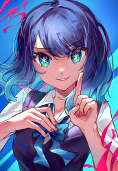 Rule 34 | 1girl, black sweater vest, blue background, blue bow, blue bowtie, blue eyes, blue hair, bow, bowtie, collared shirt, commentary request, gradient hair, highres, index finger raised, kurokawa akane, light blue hair, looking at viewer, lunachaiart, medium hair, multicolored hair, oshi no ko, parted lips, pink nails, shirt, smile, solo, star-shaped pupils, star (symbol), sweater vest, swept bangs, symbol-shaped pupils, upper body, watermark, white shirt