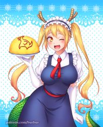 Rule 34 | 10s, 1girl, ;d, blonde hair, blush, breasts, burbur, dragon girl, dragon horns, dragon tail, dress, fang, food, gloves, hair between eyes, horns, ketchup, kobayashi-san chi no maidragon, large breasts, large tail, long hair, looking at viewer, maid, maid headdress, necktie, omelet, omurice, one eye closed, open mouth, orange eyes, plate, red eyes, slit pupils, smile, solo, tail, tohru (maidragon), twintails, white gloves, yellow eyes