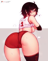 Rule 34 | 1girl, ahoge, artist name, ass, ass focus, back, bare shoulders, bent over, black hair, black thighhighs, bluefield, blush, bow, breasts, breasts out, buruma, cameltoe, cleft of venus, clothes lift, fang, foreshortening, from behind, gradient hair, grey eyes, heart, heavy breathing, highres, legs apart, looking at viewer, looking back, medium breasts, multicolored hair, nipples, open mouth, patreon username, red buruma, red hair, ruby rose, rwby, shirt lift, short hair, sideboob, simple background, single thighhigh, small breasts, smile, solo, spoken heart, sportswear, sweat, thighhighs, trefoil, twitter username, underwear