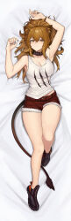 Rule 34 | 1girl, absurdres, animal ears, ankle boots, arknights, bare arms, black choker, black footwear, black nails, blonde hair, blush, boots, breasts, choker, cleavage, closed mouth, dakimakura (medium), distr, fingernails, from above, fur-trimmed shorts, fur trim, hands up, highres, large breasts, lion ears, lion tail, looking at viewer, lying, on back, on bed, ponytail, red shorts, shirt, short shorts, shorts, siege (arknights), sleeveless, sleeveless shirt, solo, tail, white shirt