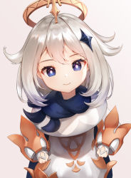 Rule 34 | 1girl, blue eyes, blue scarf, clenched hand, genshin impact, hair ornament, halo, lunacle, medium hair, paimon (genshin impact), scarf, simple background, smile, solo, white background, white hair