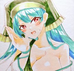Rule 34 | 1girl, blue hair, blush, breasts, chaka3464, cleavage, green headwear, grey background, haniyasushin keiki, head scarf, large breasts, long hair, looking at viewer, open mouth, red eyes, simple background, solo, sweat, touhou, upper body