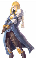 Rule 34 | 1girl, agrias oaks, armor, blonde hair, boots, braid, braided ponytail, brown eyes, female focus, final fantasy, final fantasy tactics, gloves, knight, long hair, pauldrons, shoulder armor, simple background, single braid, solo, sonicueki, sword, weapon, white background