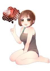 Rule 34 | 1girl, absurdres, bare shoulders, barefoot, breasts, brown eyes, brown hair, cleavage, drooling, feet, food, full body, highres, legs, masumofu, meat, open mouth, original, panties, saliva, short hair, simple background, sitting, smile, solo, striped clothes, striped panties, tank top, thought bubble, toes, underwear, wariza, white background