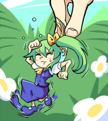 Rule 34 | 1girl, :t, arm up, blush, bow, clenched hands, closed eyes, daiyousei, fairy wings, flower, flying sweatdrops, full body, green hair, hair between eyes, hair bow, irony, mini person, minigirl, motion lines, puffy short sleeves, puffy sleeves, restrained, setz, shoes, short hair, short sleeves, side ponytail, skirt, skirt set, solo, solo focus, sweatdrop, touhou, wings