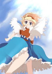Rule 34 | 1girl, alice margatroid, ascot, blonde hair, blue dress, blue eyes, blue sky, blush, capelet, da (room), day, dress, female focus, floating hair, flying, from below, light rays, looking at viewer, mieharu, outdoors, short hair, sky, solo, sunlight, touhou, wind