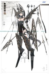 Rule 34 | 1girl, android, animal ears, ankh, bandaged head, bandaged neck, bandages, black collar, breasts, cleavage, closed mouth, collar, colored skin, detached collar, digitigrade, egyptian, fake animal ears, full body, grey hair, grey skin, hair between eyes, highres, holding, jackal ears, jackal girl, looking at viewer, mechanical arms, mechanical legs, mechanical parts, mechanical tail, no feet, off shoulder, original, pelvic curtain, short hair, slit pupils, small breasts, solo, standing, tail, toriseka, white background