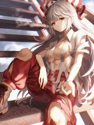 Rule 34 | 1girl, :/, absurdres, boots, bow, breasts, cigarette, cloud, cloudy sky, collarbone, day, diamond plate, feet out of frame, fujiwara no mokou, hair bow, highres, holding, holding cigarette, huge filesize, large breasts, long hair, navel, outdoors, pants, parted lips, red eyes, red pants, shirt, short sleeves, silver hair, sitting, sky, smoking, solo, stairs, torn clothes, torn pants, touhou, very long hair, waramori fuzuka, white bow, white shirt