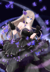 Rule 34 | 1girl, absurdres, bare shoulders, black background, black choker, black dress, black gloves, blue eyes, breasts, bug, butterfly, butterfly background, choker, collarbone, dress, flower, flower choker, gloves, hair flower, hair ornament, highres, hiroshi (2443303124), insect, lexington (warship girls r), long hair, looking at viewer, medium breasts, petals, platinum blonde hair, solo, warship girls r