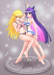 Rule 34 | 10s, 2girls, breasts, finger on lips, highres, large breasts, multiple girls, panty &amp; stocking with garterbelt, panty (psg), pole, pole dancing, sawwei005, stocking (psg)