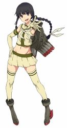 Rule 34 | 1girl, :d, adapted costume, akitetsu, alternate breast size, bad id, bad twitter id, black eyes, black hair, braid, cosplay, elbow gloves, flat chest, gloves, groin, hand on own hip, highres, hime cut, kantai collection, kitakami (kancolle), long hair, looking at viewer, midriff, navel, open mouth, pointing, pointing at viewer, shimakaze (kancolle) (cosplay), shimakaze (kancolle), sidelocks, smile, solo, thighhighs