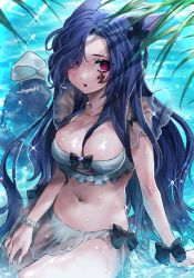 Rule 34 | 1girl, animal ears, bikini, blue hair, blush, breasts, cleavage, commission, facial tattoo, fox ears, fox girl, han (ateez hncrn), large breasts, long hair, open mouth, original, pink eyes, sitting, skeb commission, solo, swimsuit, tattoo, tattoo on cheek, very long hair, water