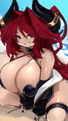Rule 34 | 1girl, beach, bikini, black bikini, black choker, black horns, black nails, blue eyes, blue sky, borrowed character, breasts, choker, cleavage, commentary, english commentary, fingernails, grin, hair intakes, highres, horn ornament, horn ring, horns, huge breasts, jacket, long hair, looking at viewer, ocean, off shoulder, open clothes, open jacket, original, red hair, sand, skindentation, sky, smile, solo, spaghetti strap, squatting, swimsuit, thick thighs, thighs, tsunoko, very long hair, wet, zanamaoria