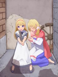 Rule 34 | 2girls, alley, blonde hair, breasts, cape, child, cleavage, collarbone, dress, eyebrows, eyebrows hidden by hair, closed eyes, female focus, full body, hair ornament, hairband, highres, imminent rape, kinoshita (air hike), kneeling, large breasts, long hair, long sleeves, looking at viewer, monster, mother and daughter, multiple girls, open mouth, orc, orc ni maketa kuni 3, outdoors, pink hairband, purple eyes, shadow, shoes, spread legs, standing, steam, teeth