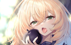 1girl apple beret black_serafuku blonde_hair blue_archive close-up dvleo food fruit hat highres long_hair professor_niyaniya_(blue_archive) school_uniform serafuku simple_background solo tongue tongue_out white_background