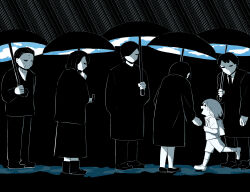 Rule 34 | 2boys, 2girls, 2others, absurdres, avogado6, backpack, bag, child, closed eyes, coat, commentary request, depressed, dress, hair slicked back, happy, highres, holding, holding umbrella, jacket, leaning forward, long hair, long sleeves, monochrome, multiple boys, multiple girls, multiple others, necktie, open mouth, original, pants, profile, protecting, rain, reaching, shoes, short hair, shorts, sky print, standing, symbolism, turtleneck, umbrella, wrinkled skin