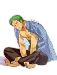 Rule 34 | 1boy, bara, bare pectorals, barefoot, black pants, blue shirt, blush, closed mouth, dark-skinned male, dark skin, earrings, full body, green hair, haramaki, highres, hunched over, jewelry, long sleeves, looking at another, male focus, muscular, muscular male, nipples, one piece, pants, pectorals, roronoa zoro, scar, scar on chest, shirt, shirt partially removed, short hair, sideburns, simple background, sitting, solo, stitched leg, stitches, striped clothes, striped shirt, sweetdou3, unbuttoned, unbuttoned shirt, white background